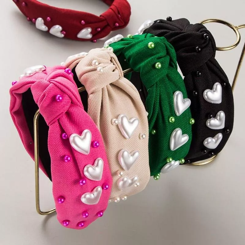 Sweet Trendy New Valentine Day Pink Knotted Headband Female Inlaid Love Pearl Beaded Personality All-Match Hair Accessories